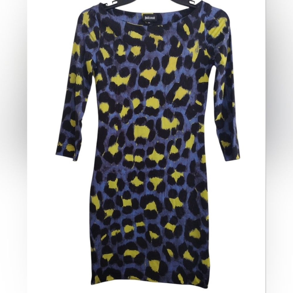 Just Cavalli Vibrant Blue and Yellow Animal Print Bodycon Dress Size 38 (US 2)
